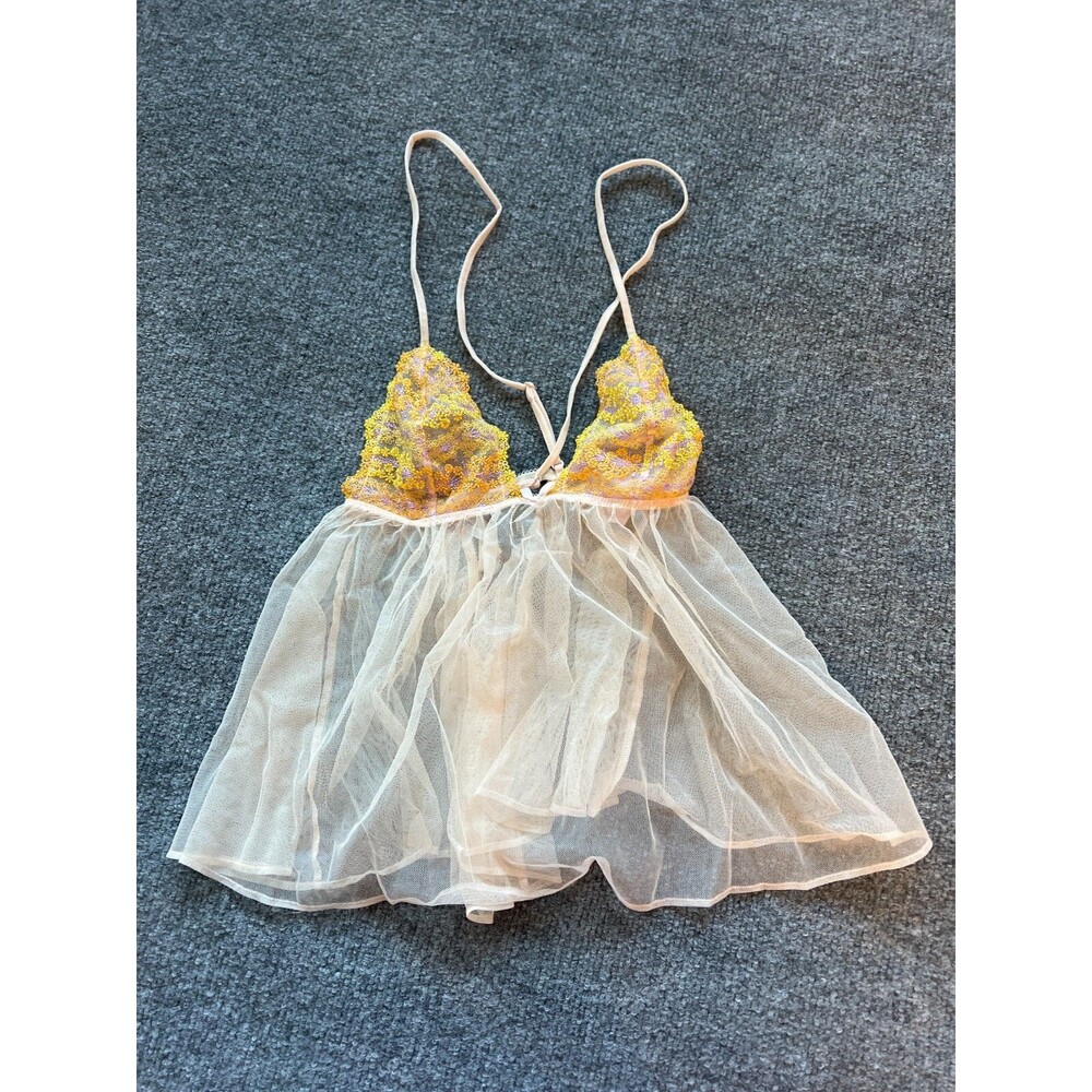 Victoria's Secret Womens Yellow Floral Sheer One Piece Mini Babydoll Size Small